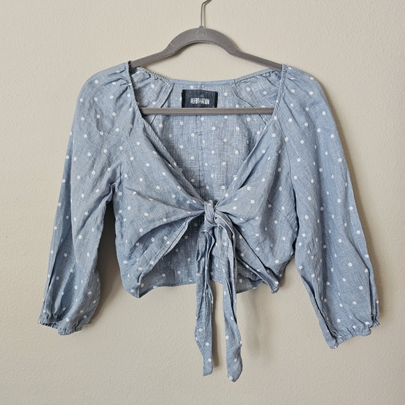 Reformation Tops - Reformation Blue Polka Dot Tie-Front Blouse